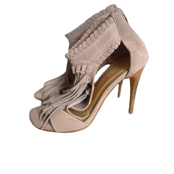 Y2K‎ 2000'S VINTAGE CHINESE LAUNDRY TAN SUEDE FRINGE HEELS SZ. 5 1/2 - Picture 3 of 8